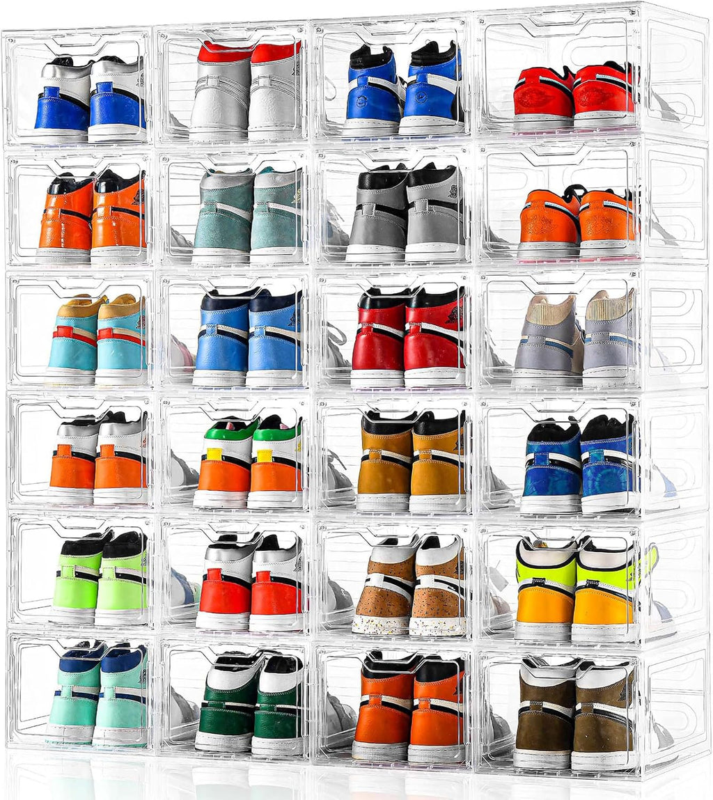 12 Pack Thicken & Sturdy Clear Shoe Storage Organizer with Magnetic Door, Shoe Boxes Clear Plastic Stackable for Closet, Shoe Rack for Sneaker Boot Container, Shoe Cabinet Fit up to US Size 12