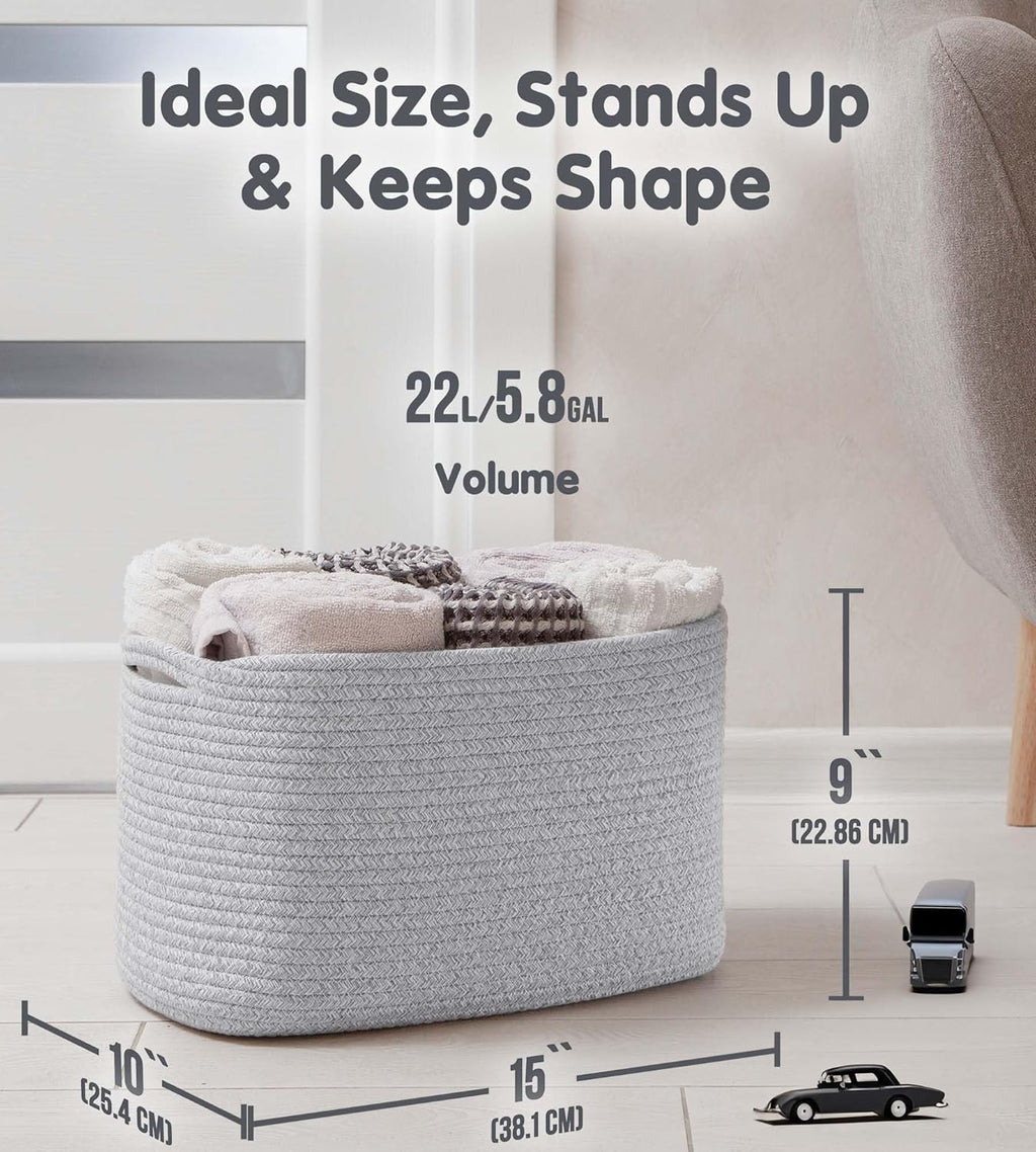 CHAT BLANC Cotton Rope Baskets for Organizing | Storage Baskets for Shelves | Rope Basket for Storage, Small Laundry Baskets, Woven Baskets for Storage, Dog Toy Bin, Baby Basket, Gray 3 Pack