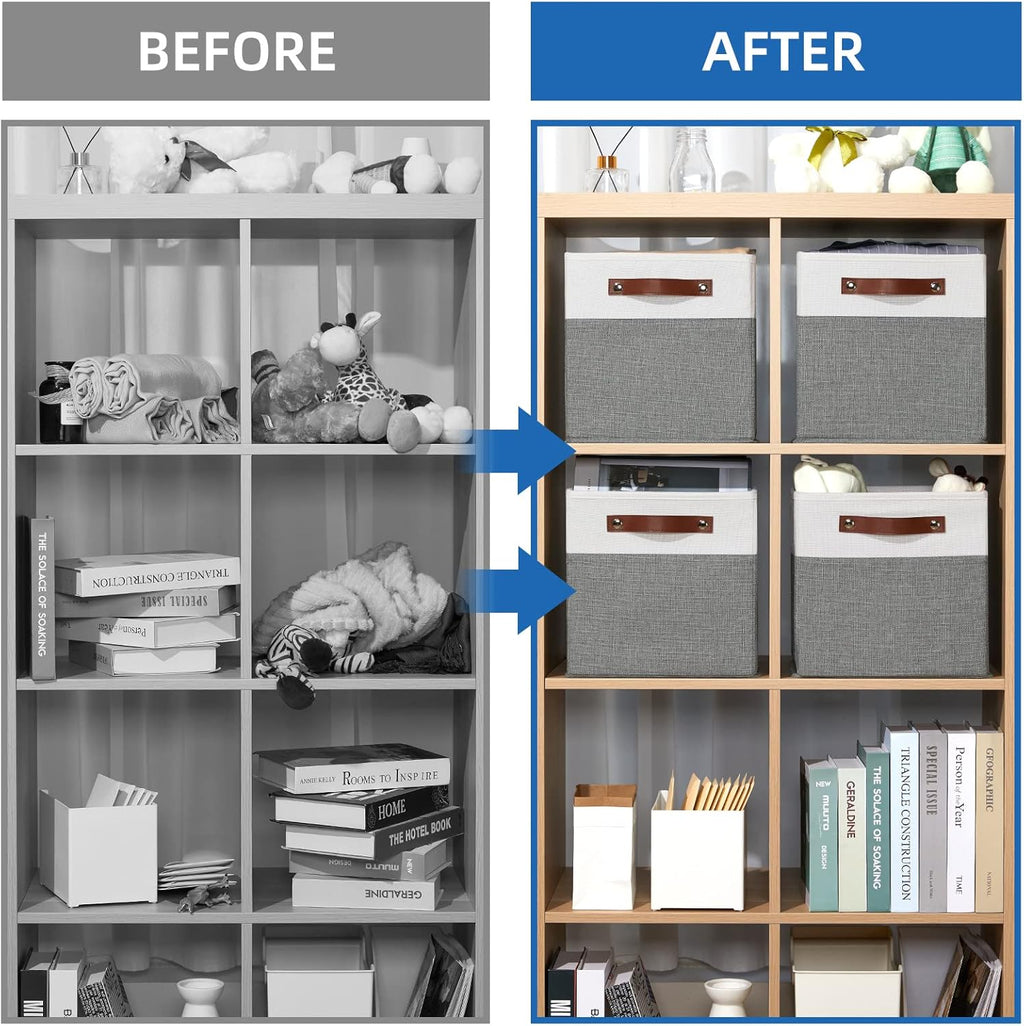 Temary Cube Storage Bins 4 Pack Storage Cubes 11×11 Fabric Storage Bins Foldable Cube Storage Baskets with Handles, Collapsible Storage Basket for Shelf (White & Grey, 11 x 11 x 11)