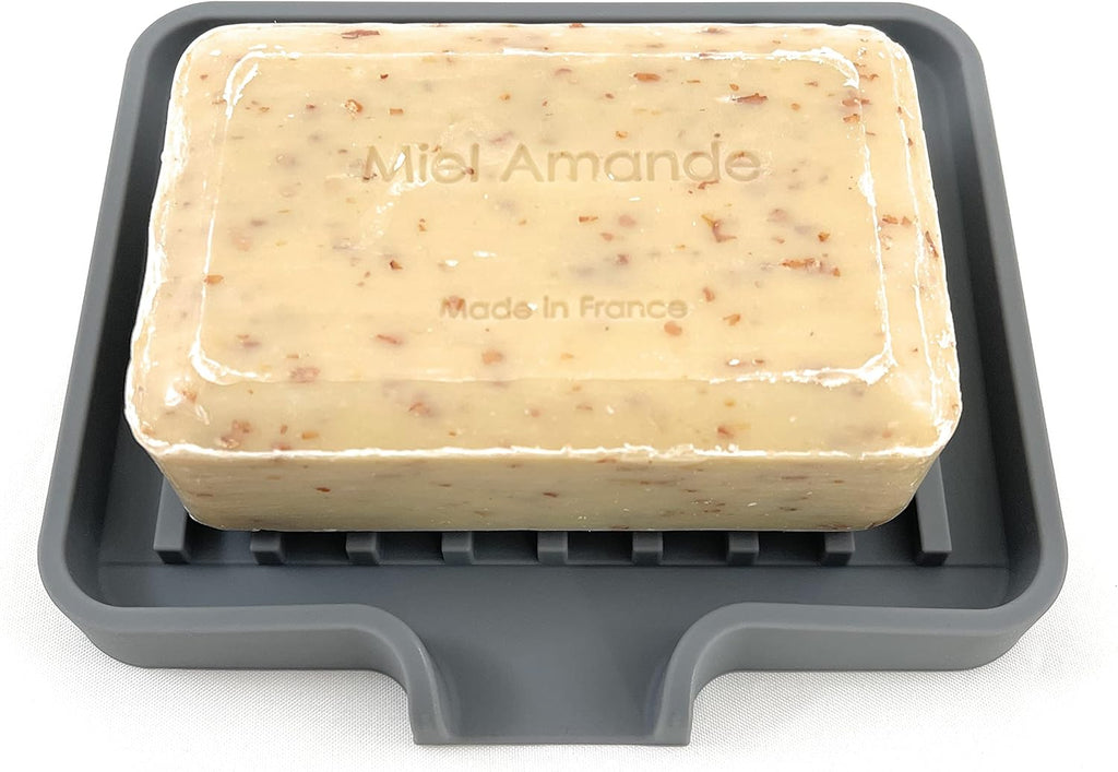 Happitasa Silicone Soap Dish Tray and Sponge Holder with Drain Chute, Pack of 2 | Bathroom and Kitchen Sink Organizer Caddy (Grey, 5.2"x4", 7.2 Ounces)