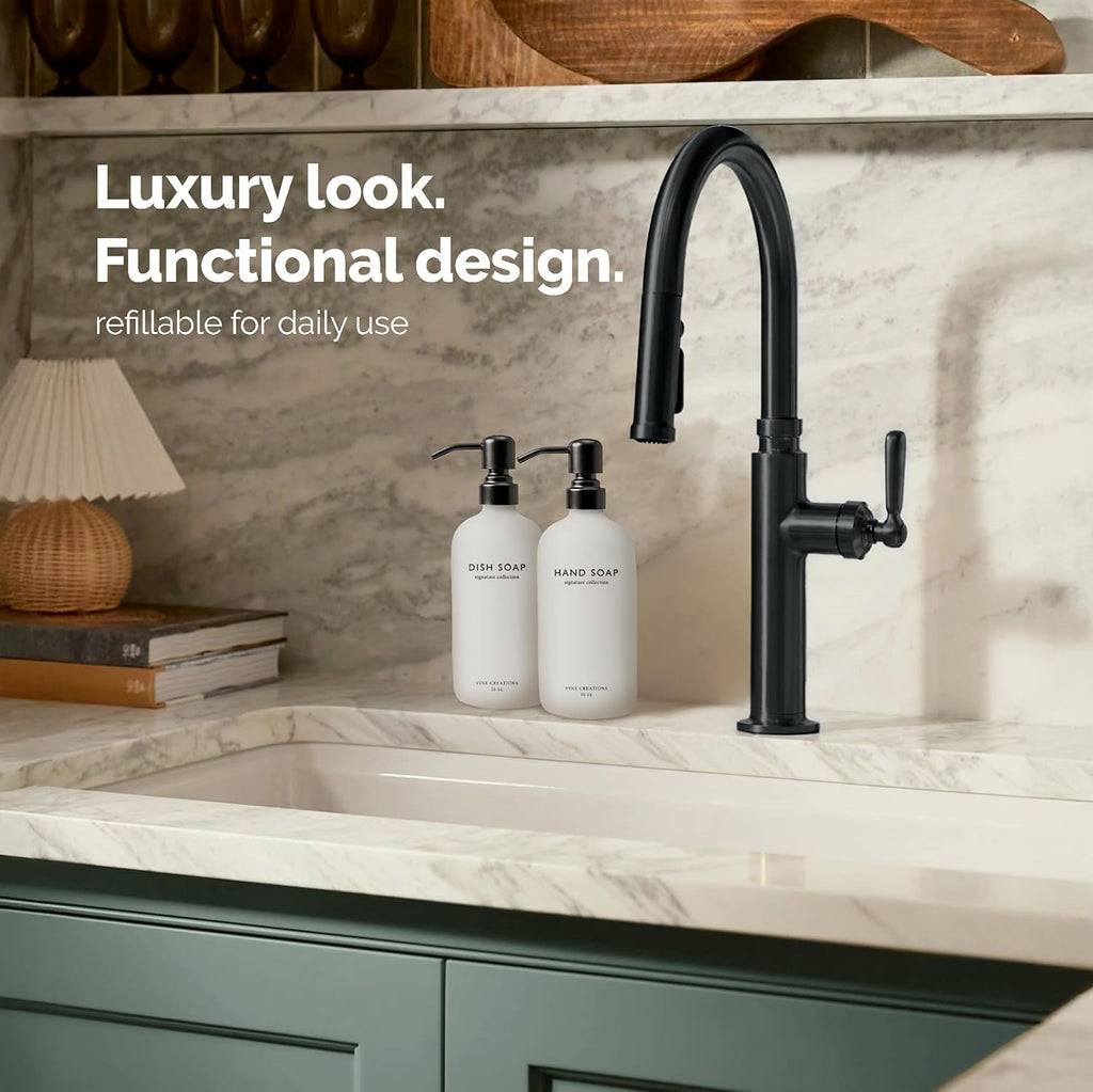 Vine Creations White Glass Soap Dispenser Set, Dish Soap and Hand Soap Dispenser Set with Stainless Steel Pump, 16 oz Glass Dispensers for Kitchen or Bathroom Decor (Matte White Bottle/Matte Black)