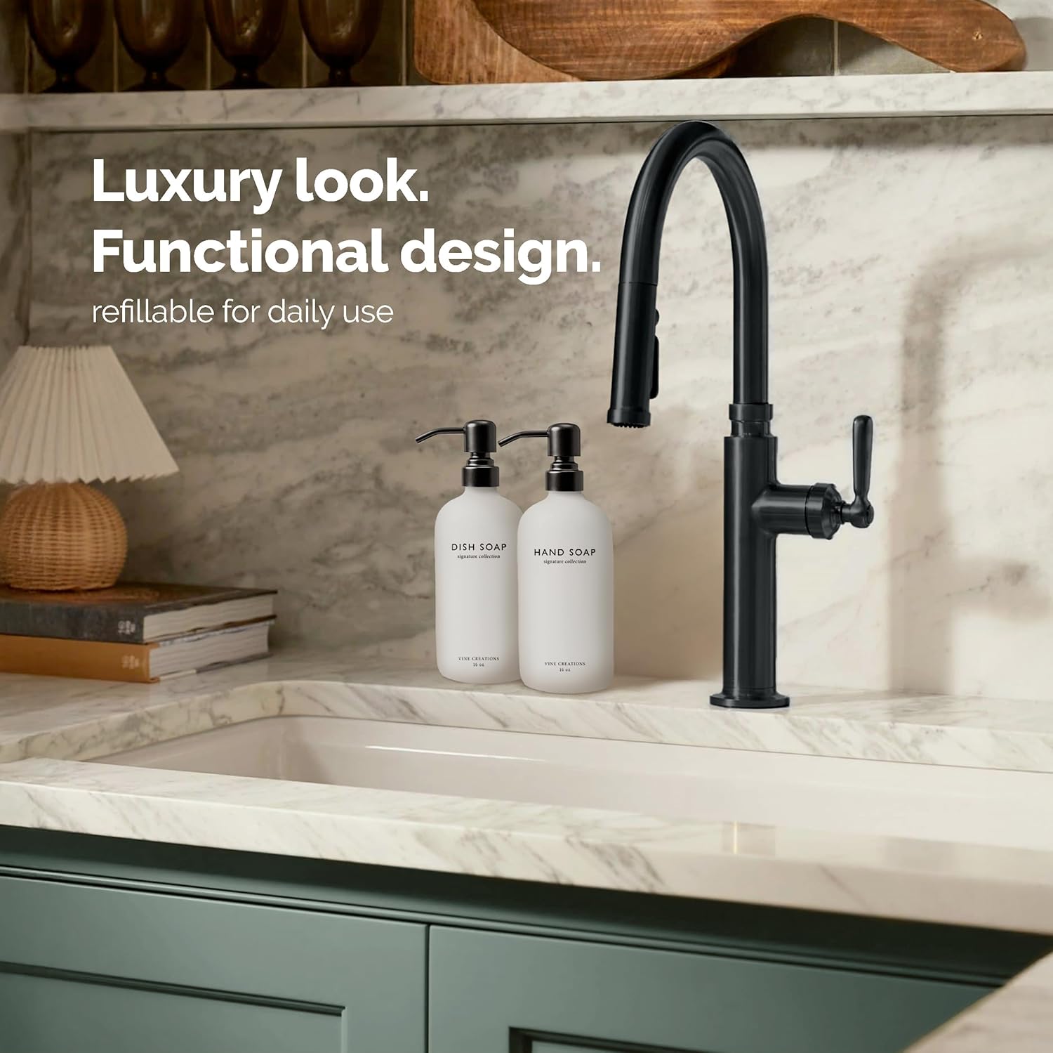 Vine Creations White Glass Soap Dispenser Set, Dish Soap and Hand Soap Dispenser Set with Stainless Steel Pump, 16 oz Glass Dispensers for Kitchen or Bathroom Decor (Matte White Bottle/Matte Black)