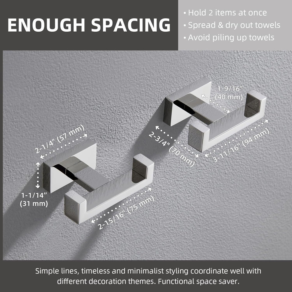 Angle Simple Double Towel Hooks, SUS 304 Stainless Steel Robe Coat Wall Hooks for Bathroom, Polished Chrome, 2 Pack