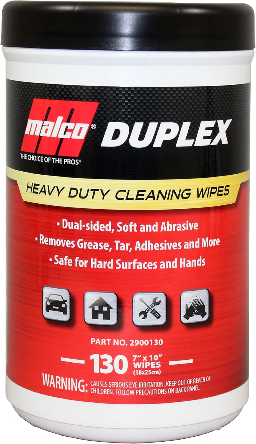 Malco Duplex Heavy Duty Cleaning Wipes for Home and Auto - Dual Sided Textured, Wet Wipe/Removes Grease, Tar, Paint, Oil, Dirt/No Residue/Safe for Hands/Made in USA (130 Wipes)