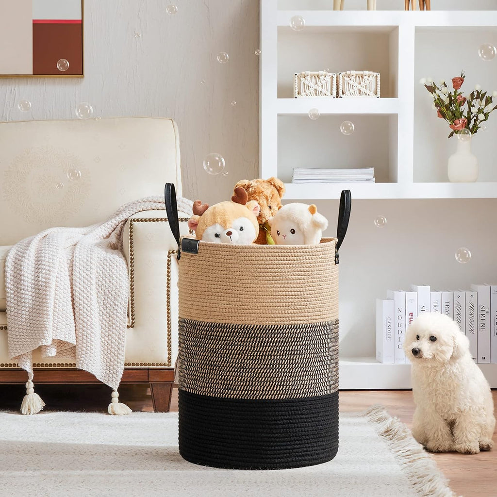 VIPOSCO Tall Laundry Basket, Large Dirty Clothes Hamper with Leather Handle, Woven Rope Storage Basket for Blanket, Toy In Living Room, Bathroom, Bedroom - 72L Brown & Black