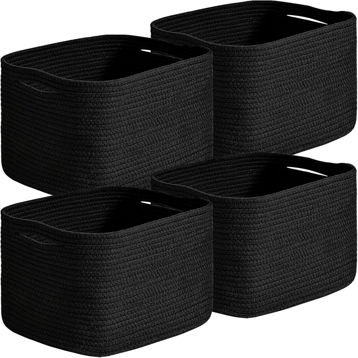 Small Storage Baskets for Organizing Shelves, Cotton Rope Basket for Storage, Cute Rectangular Book Toy Bins, 12.7"×9.1"×7.9", 4 Packs, Black