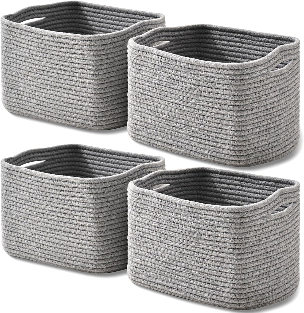 Small Storage Baskets for Shelves Organizing, Woven Cotton Rope Baskets for Storage, Book Basket, Decorative Shelf Basket, 12.5"Lx9.1''Wx7.9''H (4 Packs) Grey
