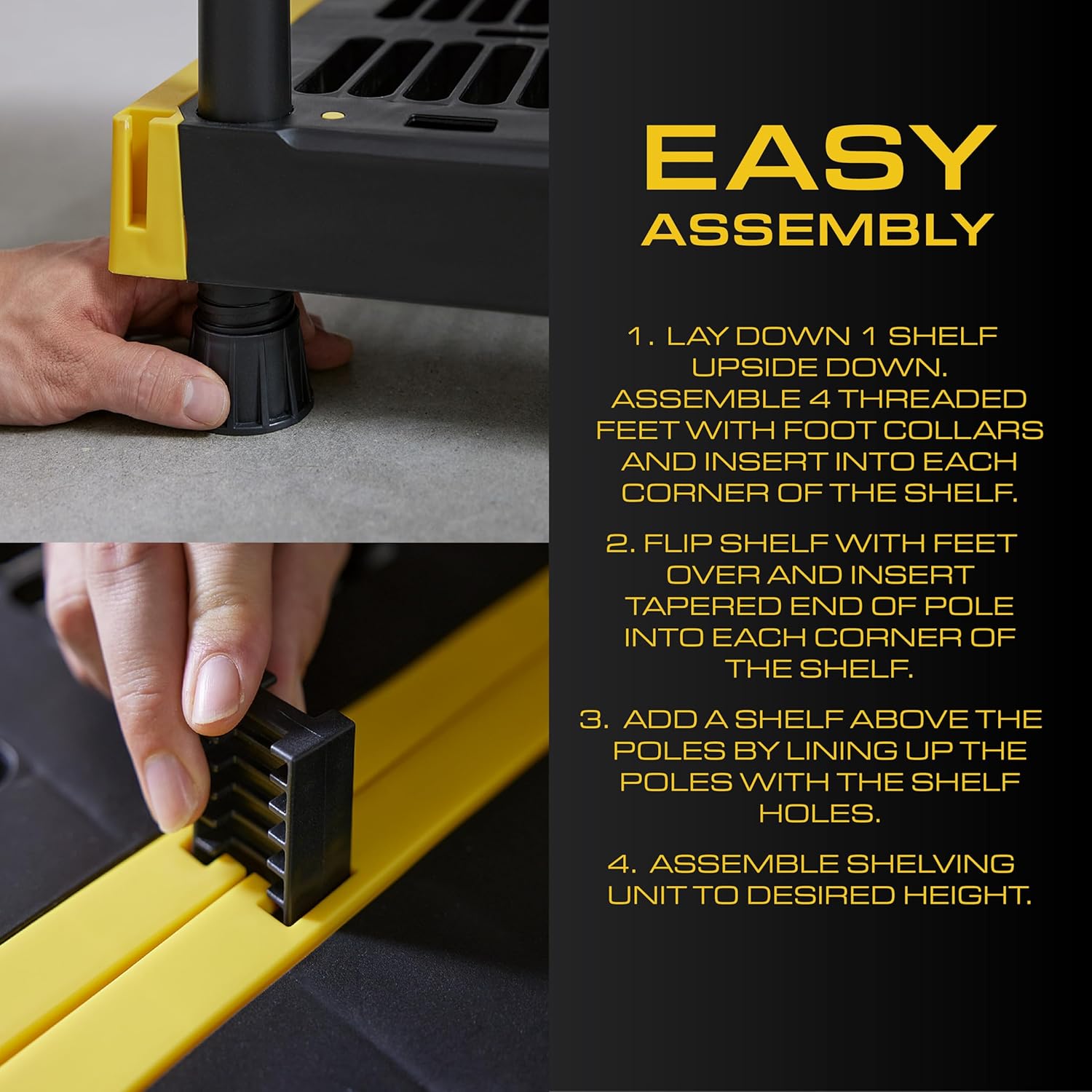 BLACK & YELLOW, 4-Tier Heavy Duty Plastic Storage Shelving Unit, 200lbs/shelf (55"H x 48"W x 20"D), for Indoor/Outdoor Organization, Modular Rack