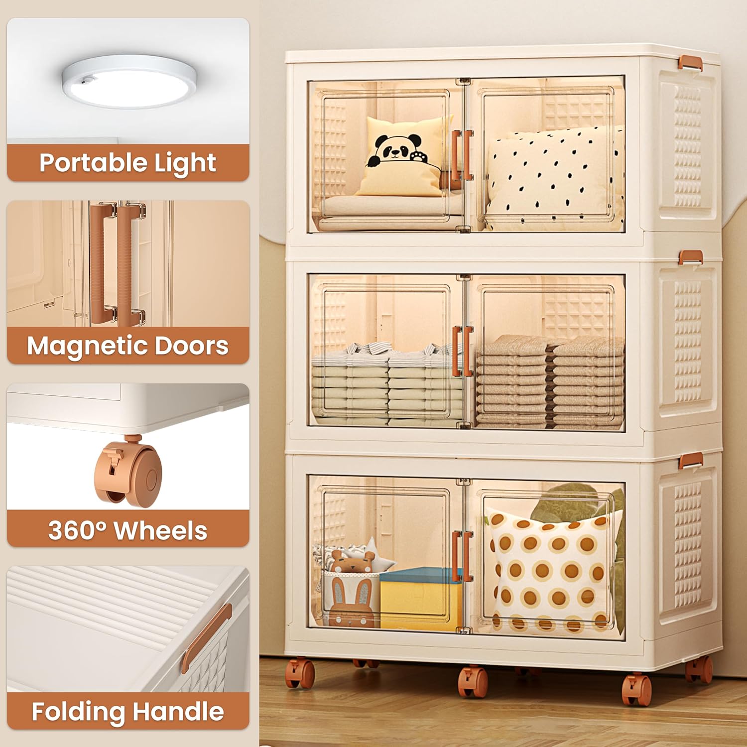 568QT/141Gal 3 Layer Stackable Storage Bins with Lid & Doors - Sensor Lights, Collapsible Storage Bin with 6 Wheels, Plastic Foldable Organizer for Home, Office Use