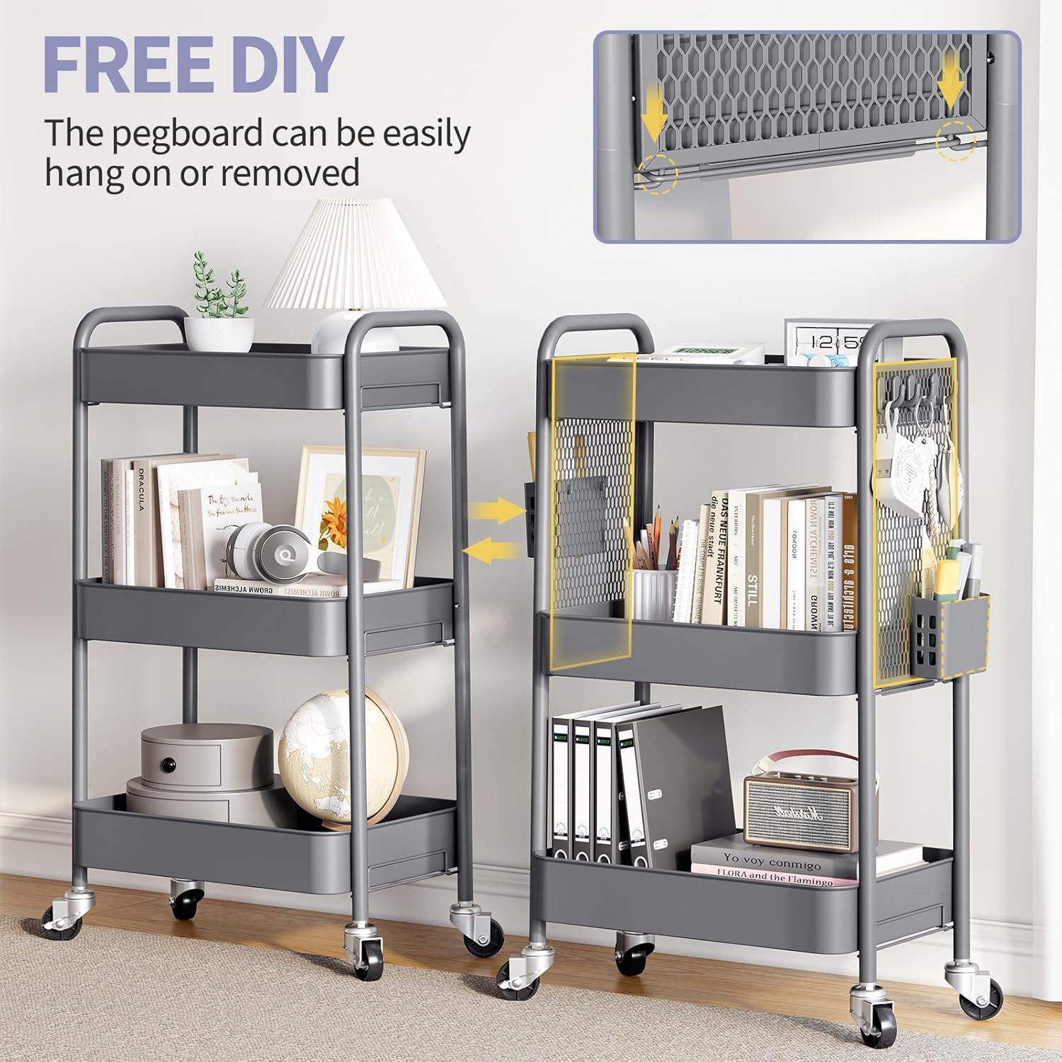 TOOLF 3 Tier Rolling Cart Storage Organizer, Metal Rolling Utility Cart with Wheels, Hooks & Bins Esthetician Craft Art Sturdy Storage with Pegboard for Bathroom, Kitchen, Office, Nursery Diaper