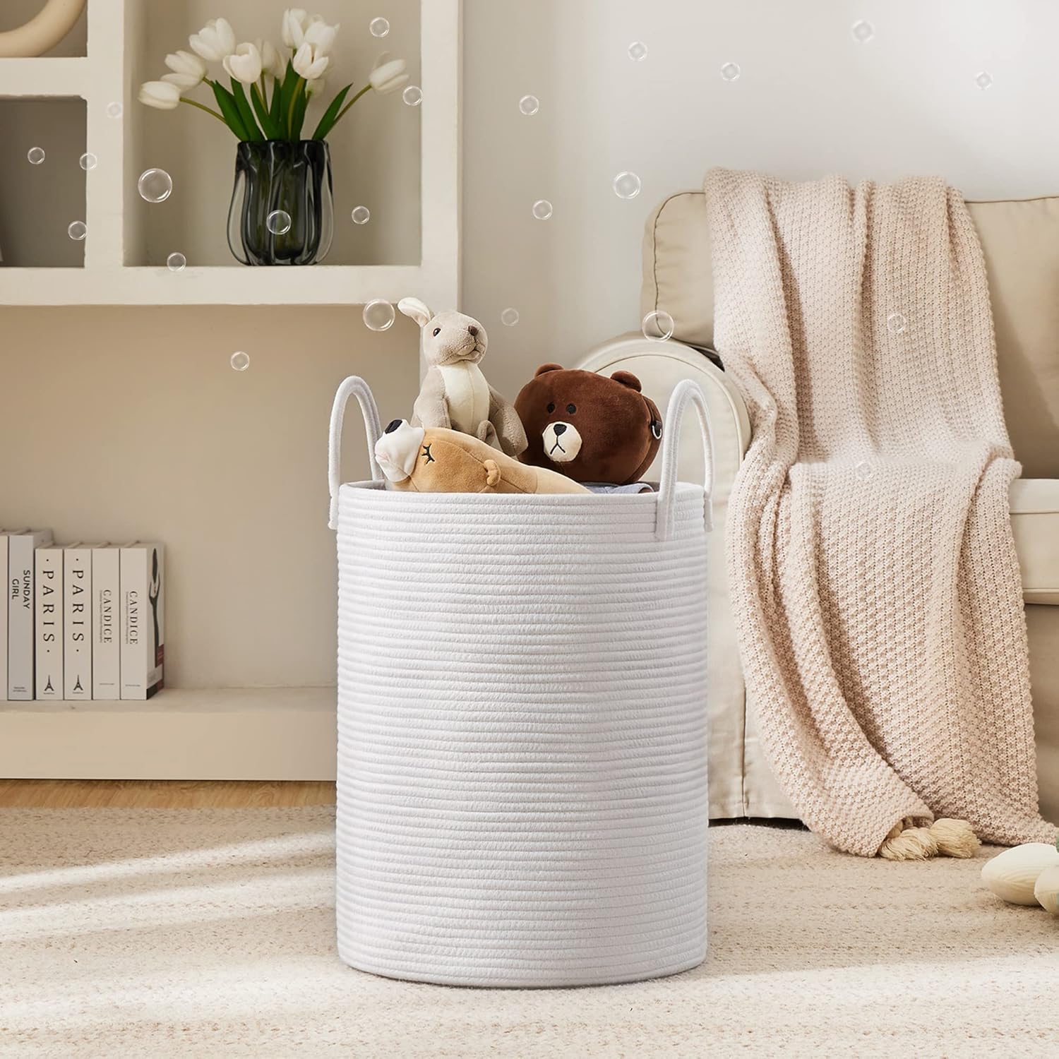 Woven Rope Laundry Hamper Basket by YOUDENOVA, 58L Tall Laundry Basket, Baby Nursery Hamper for Blanket Storage, Clothes Hamper for Laundry in Bedroom-Large-Pure White