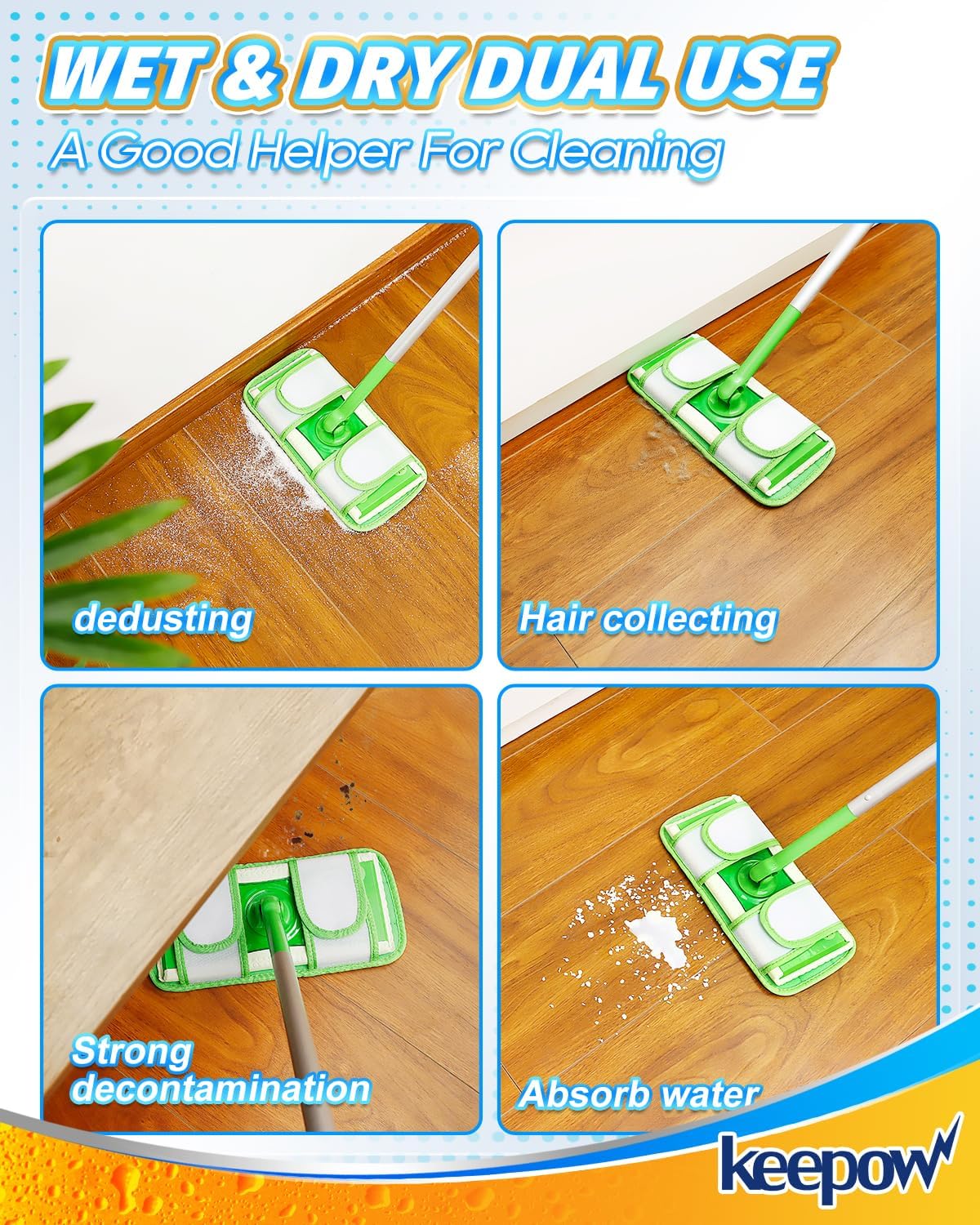 Keepow Reusable Mop Pads Refills Compatible with Swiffer Sweeper and Sweep & Mop Deluxe, Microfiber Wet Mopping Cloths Dry Sweeping Floor Cleaning Mop Pad Refill, Mop Head Replacements Part 3 Pack