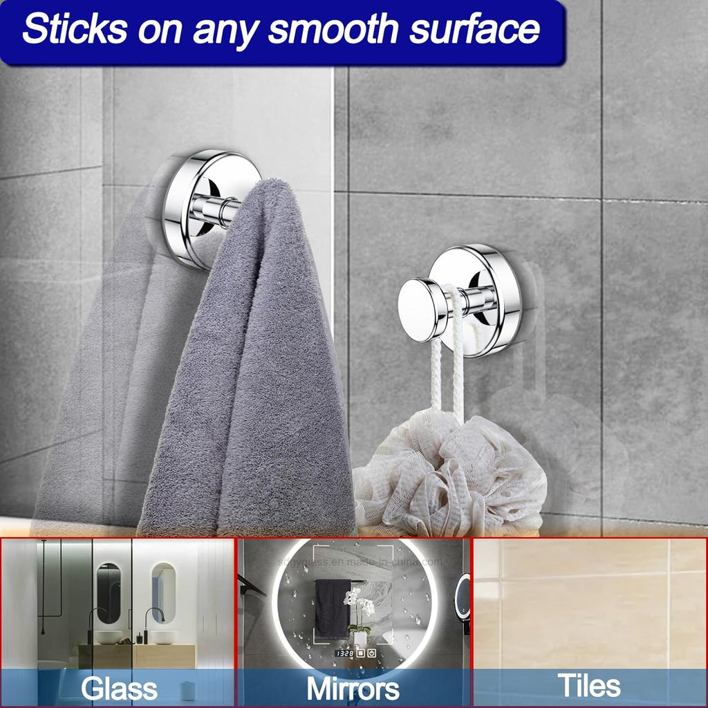 Suction Cup Hooks for Shower, Removable Towel Hooks for Bathroom Window Glass Door Wall, Bath Robe Looafh Hook for Hanging - 2 Pack, Chrome