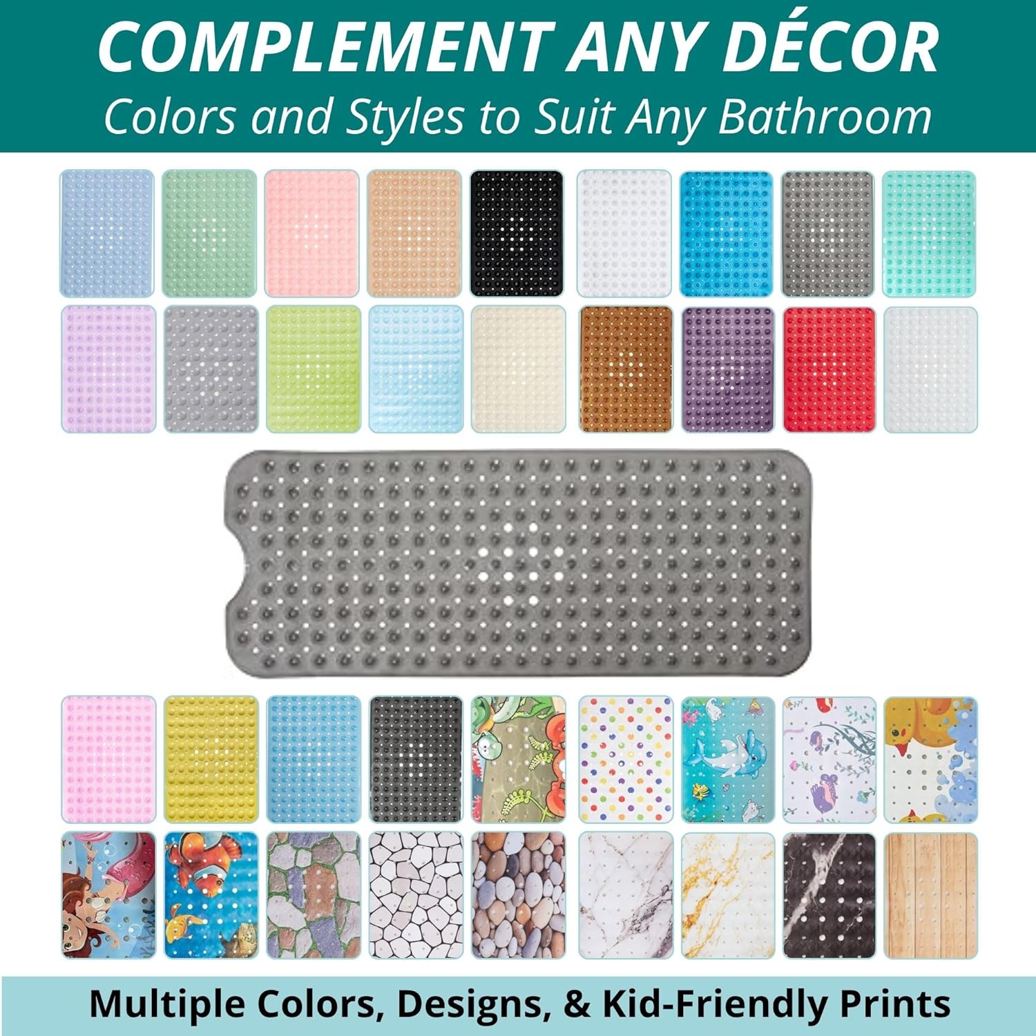 ENKOSI Bathtub Mat – 40 x 16 Inch Extra Long Non Slip Shower Mat – Anti Slip Grey Bath Mat with Suction Cups and Drain Holes – Bathroom Mat for Smooth Tubs and Shower Floors (40x16 Clear Grey)