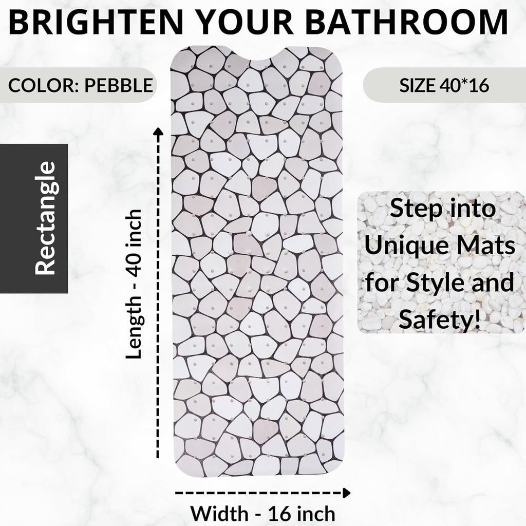 ENKOSI Bath Mat – Large 40 x 16 Inch Non-Slip Bathtub Mat with Secure Suction Cups & Drain Holes – Extra Long Bathroom Shower Mat for Tub with Grey Pebble Design (Grey Pebble 40x16)