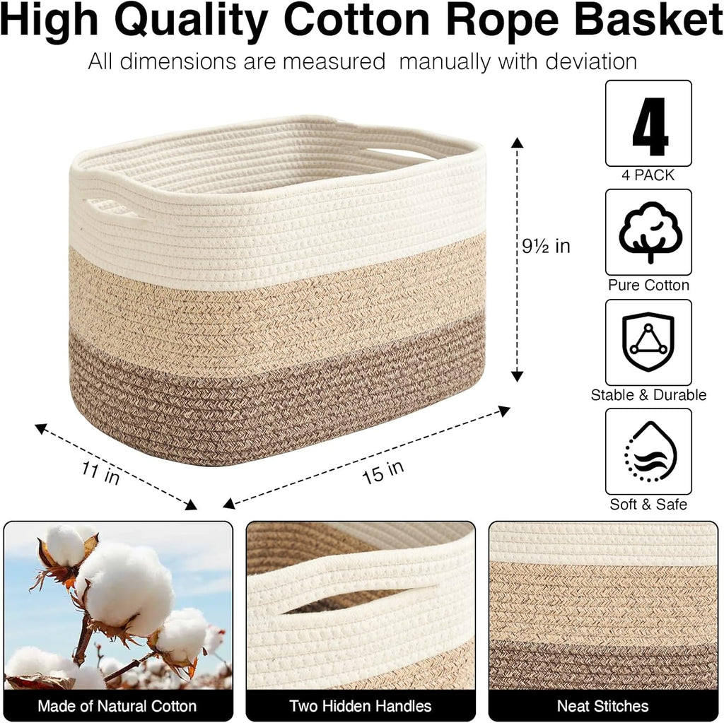Storage Baskets for Organizing & Shelves, Woven Cotton Rope Organization Bins for Dog Toys, Clothes, Books, Nursery Organizer, 15"Lx11"Wx9.5"H, (4 Packs) Gradient Brown
