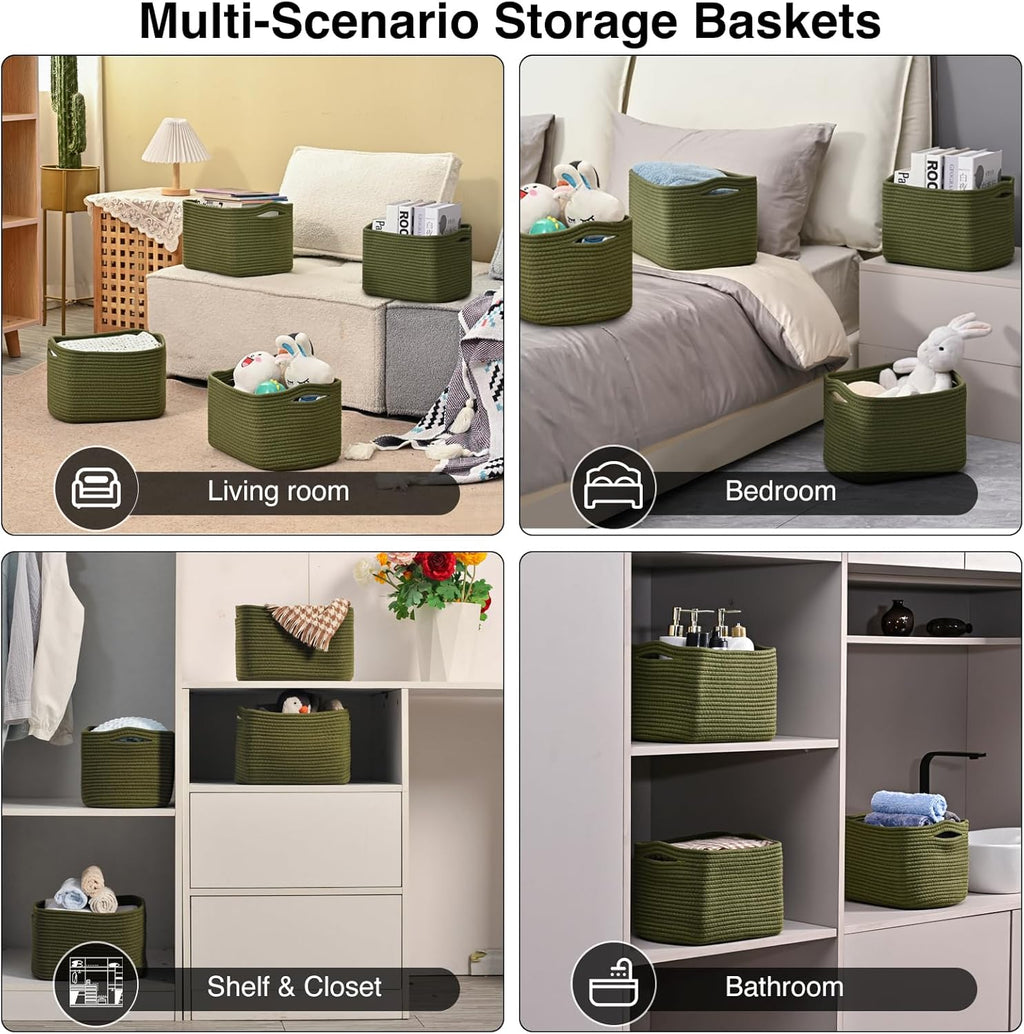 Storage Basket for Shelves, Small Baskets for Organizing, Woven Cotton Rope Baskets for Storage, Book Basket, Decorative Shelf Basket, 12.5"Lx9.1''Wx7.9''H (4 Packs) Green