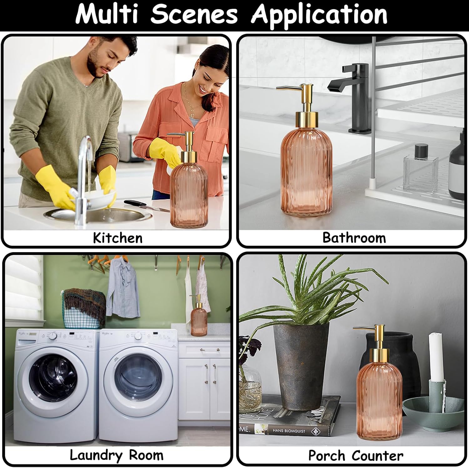 Glass Soap Dispenser with Gold Plastic Pump, 13.5oz Refillable Liquid Hand Soap Dispenser, Crystal Lotion Bottle for Modern Home Decor, Bathroom, Kitchen Countertop, Hotel(Orange)