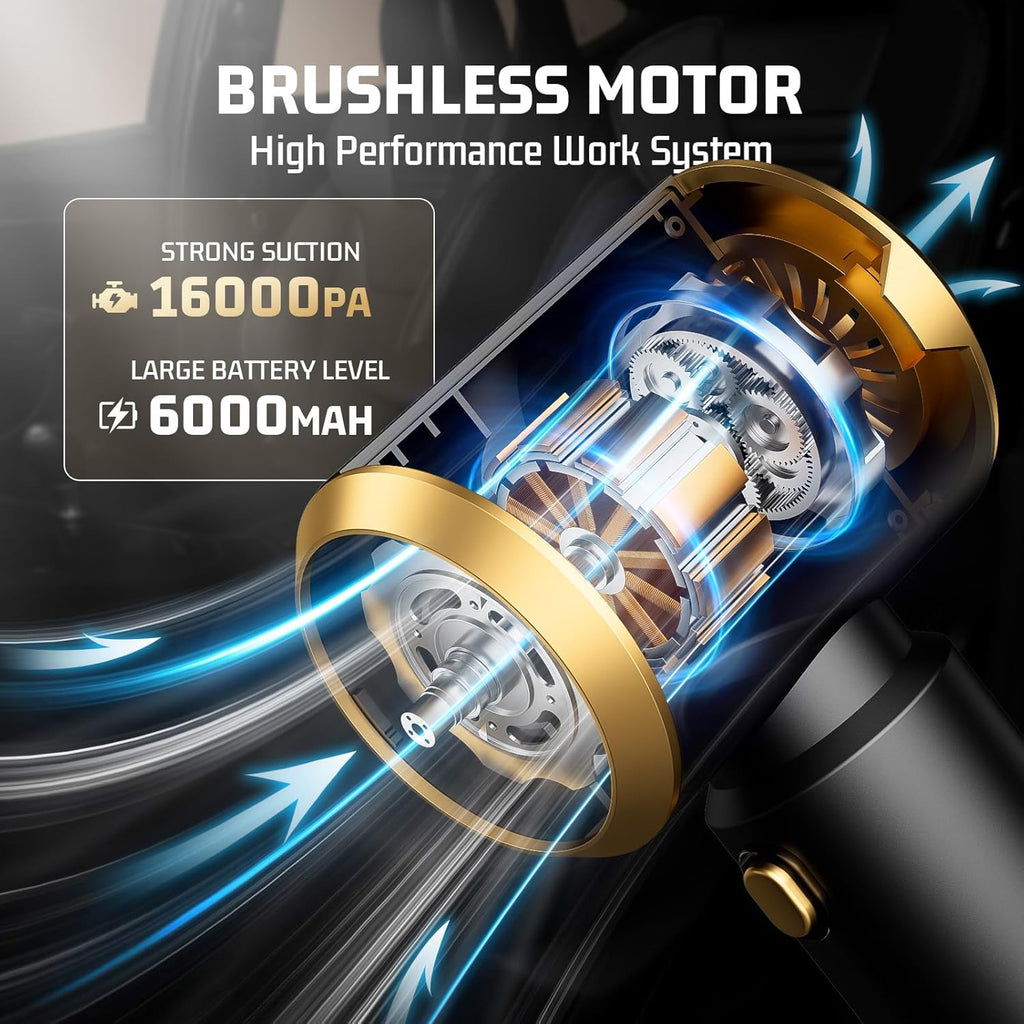 Car Handheld Vacuum Cordless: Car Vacuum Cleaner with 16000Pa Ultra-Strong Suction, Brushless Motor & HEPA Filter - Lightweight Design for Drivers and Office Workers- Glossy Black