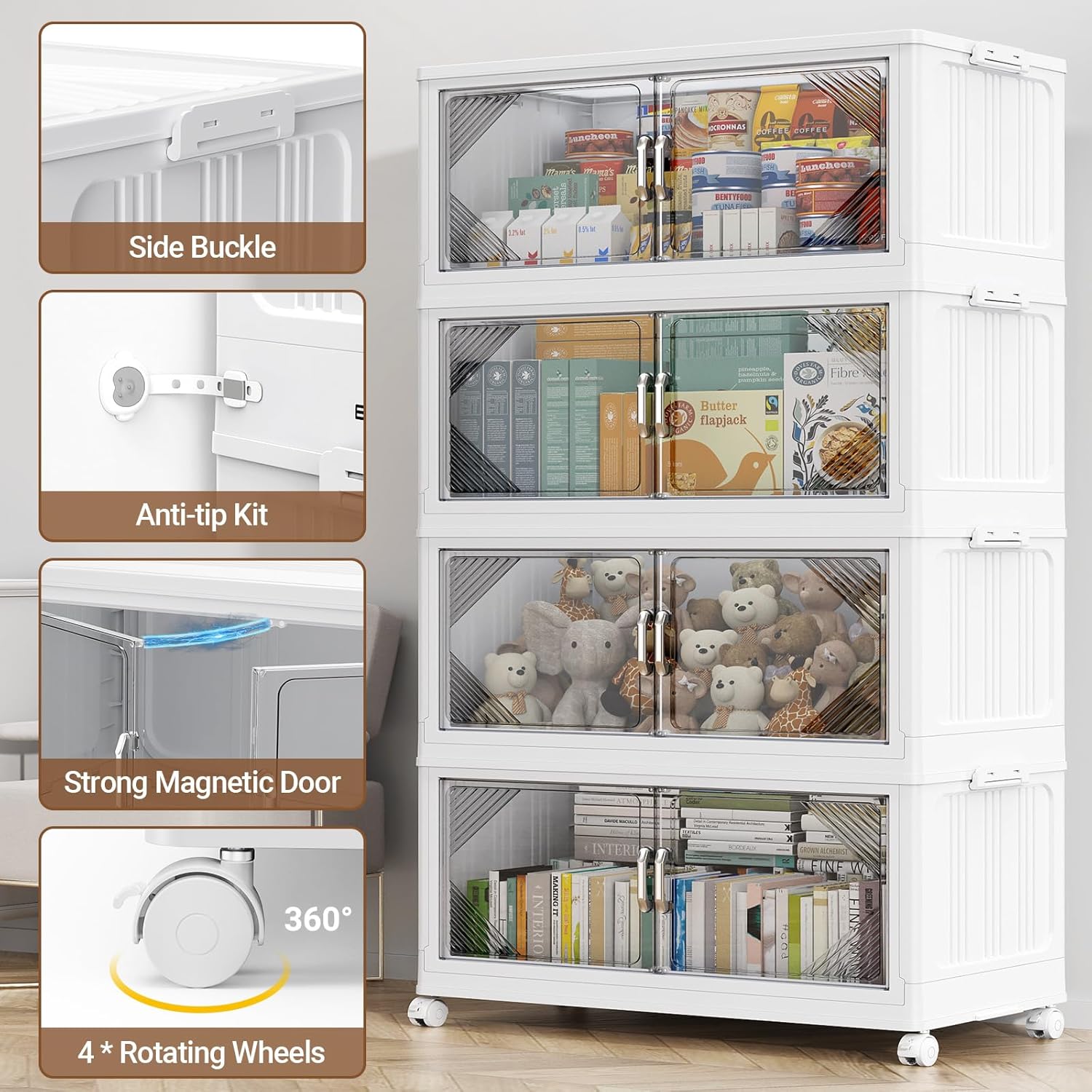 140Gal Plastic Stackable Storage Bins with Lid, 560QT Extra Large Closet Organizers Collapsible Cabinets Boxes with Drawers, Foldable Containers with 4X Wheels for Home Kitchen, V60 4Pack White