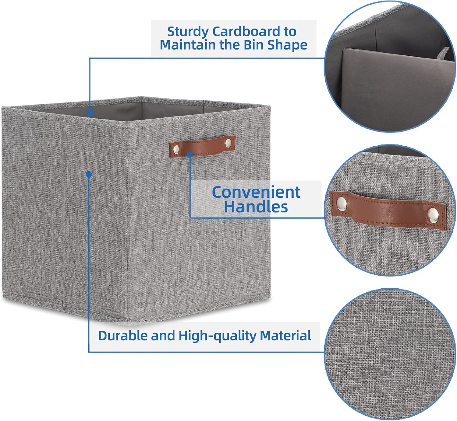 Temary Fabric Storage Cubes - 13 x 13 Collapsible Bins with Handles for Home Organization (Gray)