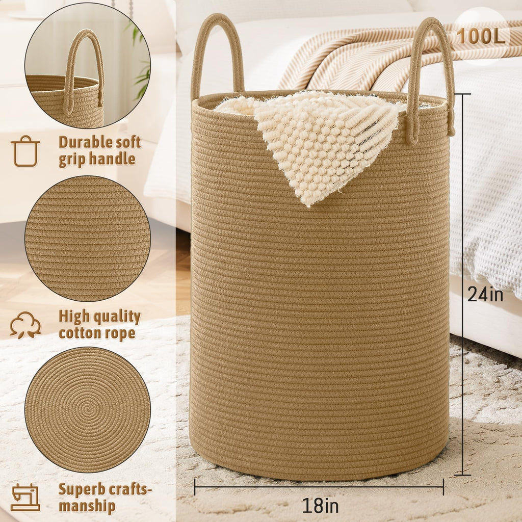 Laundry Basket,Woven Cotton Rope Laundry Hamper,100L for Decorative Storage of Dirty Clothes,Toys and Blankets in Bathroom,Baby Room and Living Room