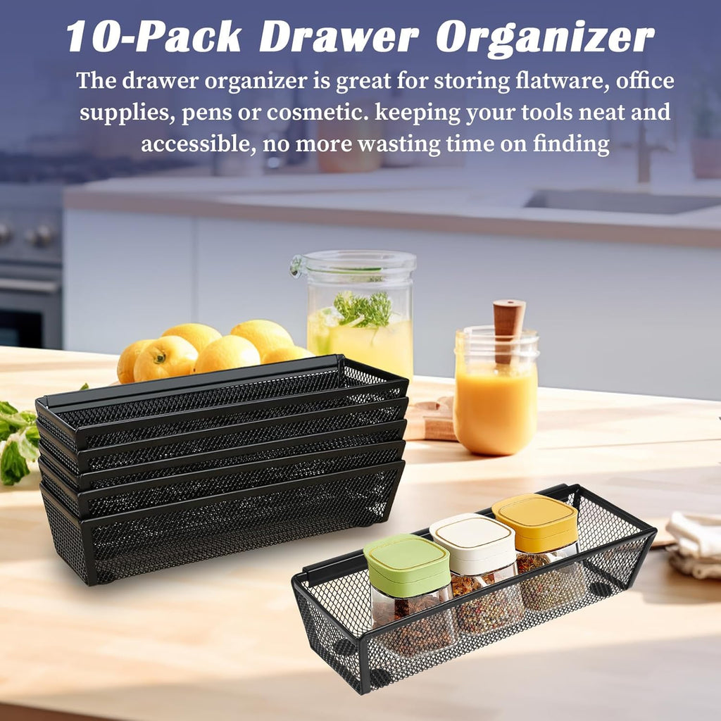 10 Pack Silverware Drawer Organizer 9 x 3 x 2 Inch Mesh Utensil Organizer for Kitchen Drawers with Interlocking Arm for Flatware Knives Spoons Fork Cosmetic Utensil Tabletop Storage Tray