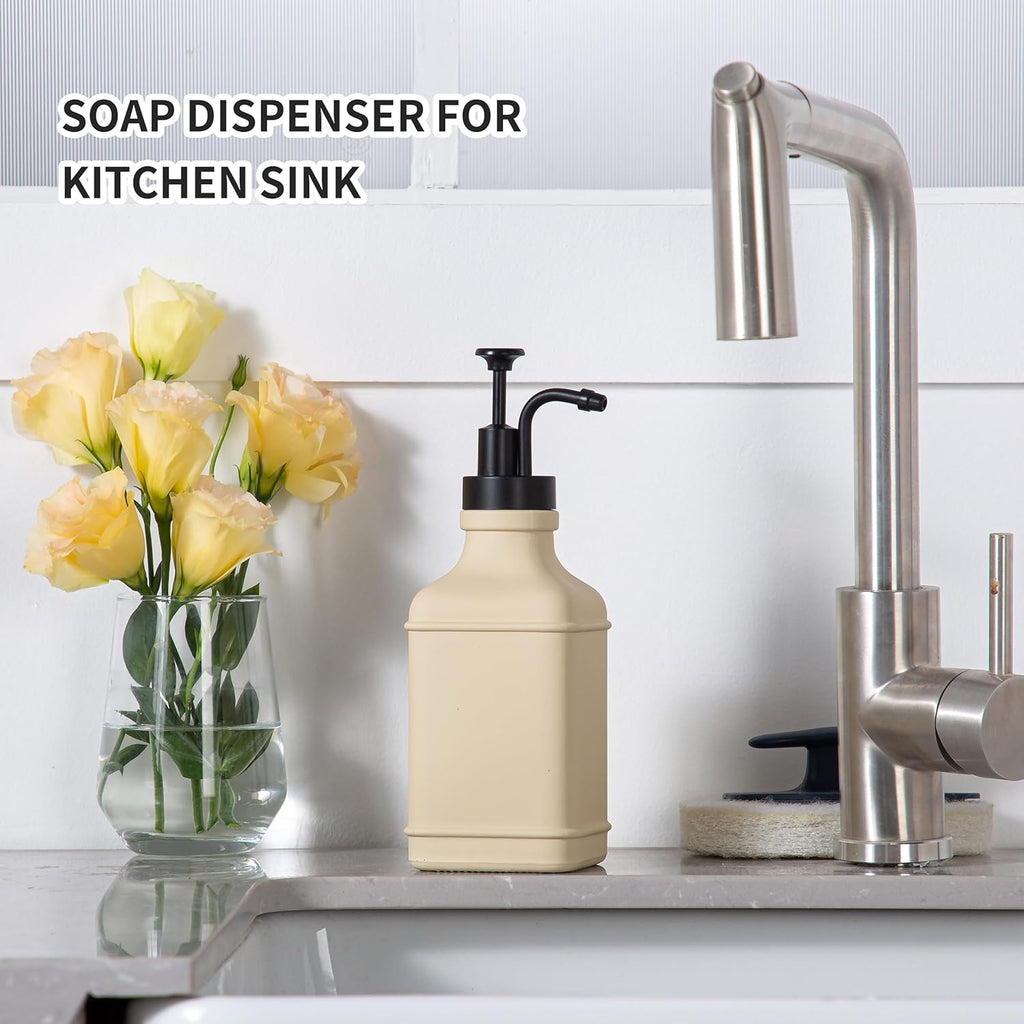 Enra Glass Soap Dispenser with Clear Window,12oz Matte Stainless Steel Hand Pump Dispenser,Hand and Liquid Soap Dispenser Rust Proof Countertop Lotion Bottle (Beige-Square-Liquid)