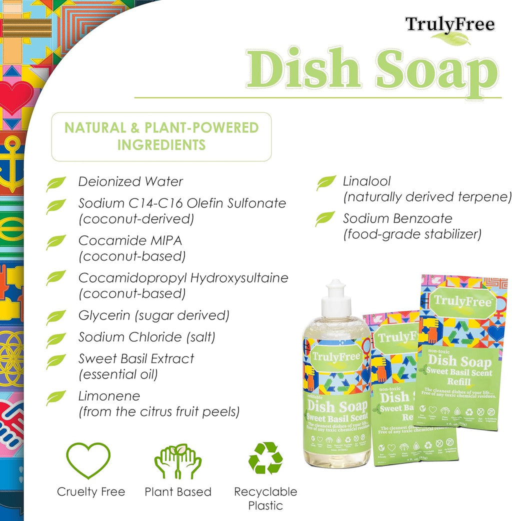 Truly Free Natural Concentrated Dish Detergent Dishwashing Liquid | Plant-Based Dish Soap | Sweet Basil Fresh Scent | 2 Refill Packs with 1 Empty Refillable Squeeze Bottle (16 Oz)