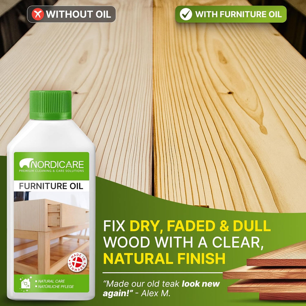 Nordicare Wood Oil Colorless - Premium Walnut Oil, Teak Oil, Wood Oil Furniture for Oak, Beech, Teak, Walnut, Pine, Larch - Natural Furniture Wood Oil - Made in Denmark - for Indoor Use (16.9 oz)