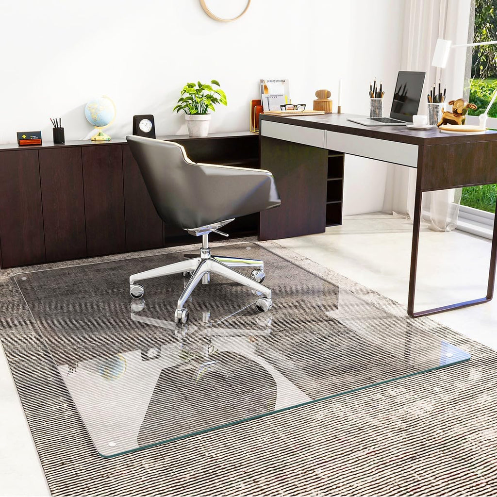 [Tempered Glass] 46" x 55" Glass Chair Mat, Heavy Duty Hard Floor Mat with Round Corner and Polished Edge, Office Chair Mat for Carpet Office Home Hardwood Floor Desk