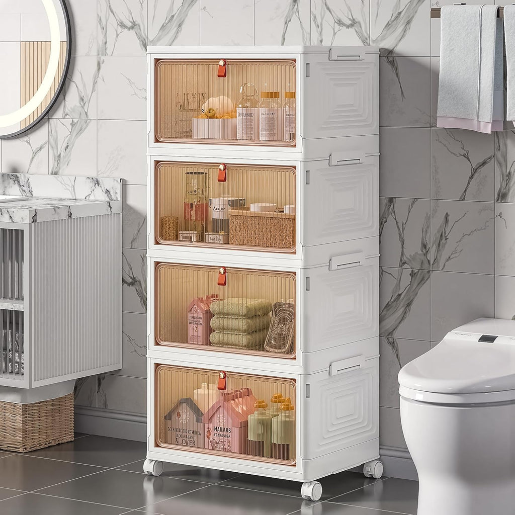 VECELO 3 Tier Storage Bins with Lid, Stackable Storage Boxes with Magnetic Doors & Wheels, Foldable Storage Containers, 23 QT Closet Organizers and Storage for Living Room, Office, Dorm