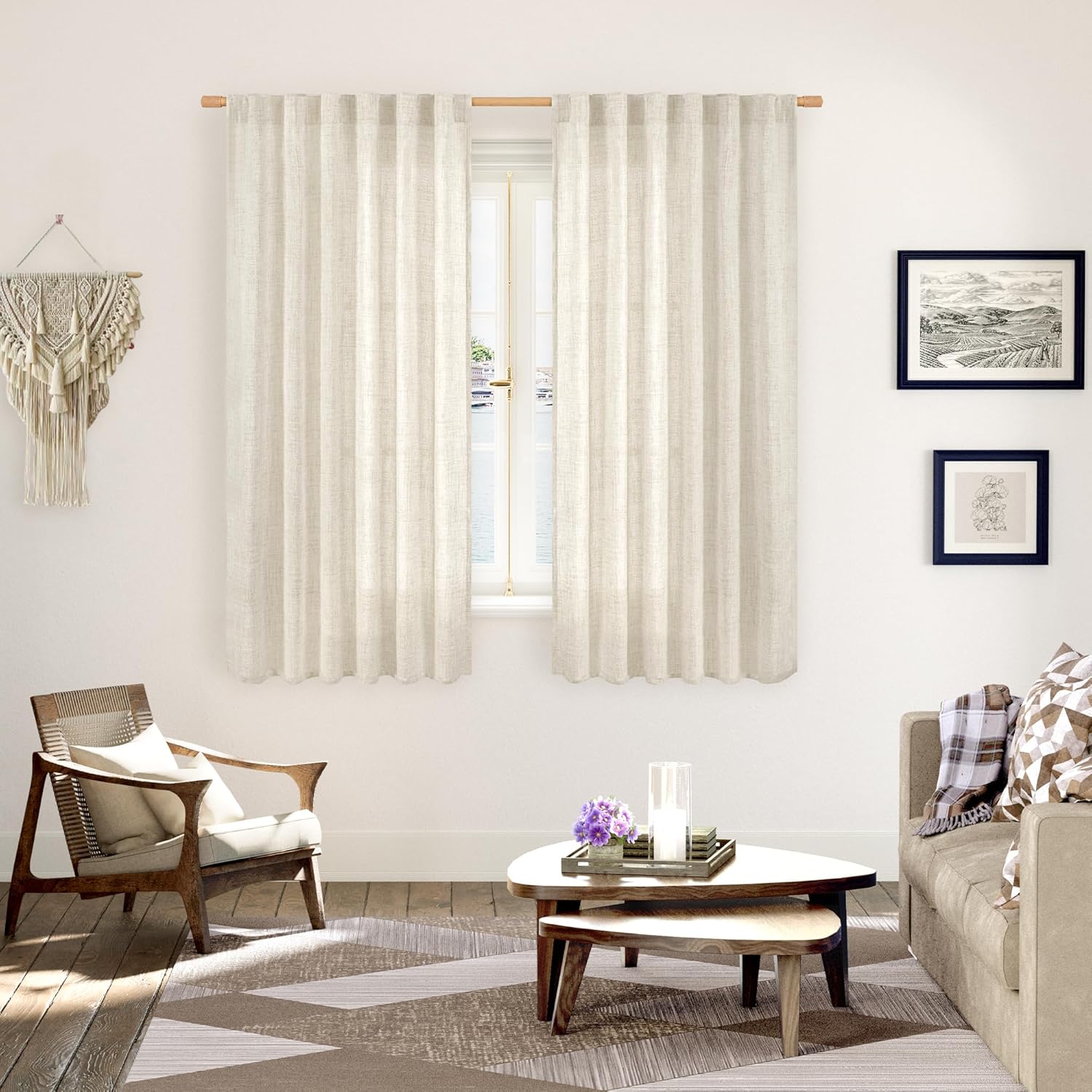 YoungsTex Boho Linen Curtains 63 Inch Length 2 Panels for Living Room - Cream Semi Sheer Window Drapes Light Filtering with Back Tab Rod Pocket Rustic for Country Bedroom, 52 X 63 Inch