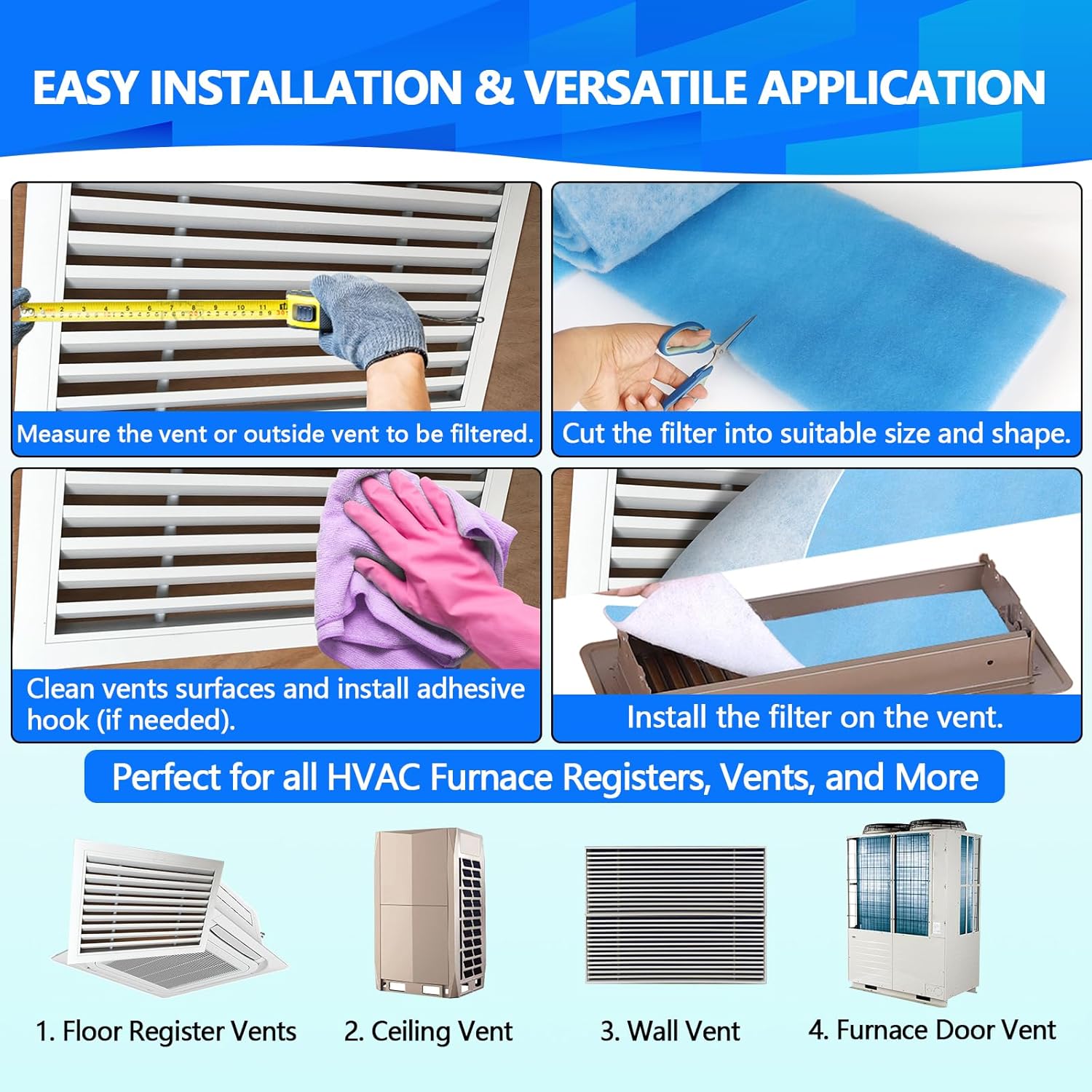 16" x120" Air Vent Filters, Cut to Fit Air Filter (65+ Filters), MERV 8 Triple Vent Filter for Home Floor, Ceiling, RV, HVAC Furnace Vents, With Adhesive Hook Tape and Installation Tape