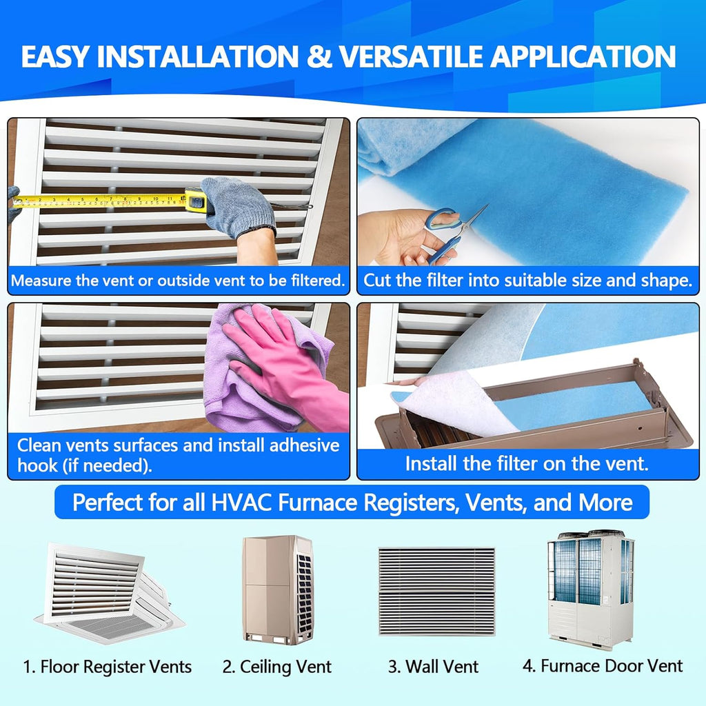 12" x120" Air Vent Filters, Cut to Fit Air Filter (50+ Filters), MERV 8 Triple Vent Filter for Home Floor, Ceiling, RV, HVAC Furnace Vents, With Adhesive Hook Tape and Installation Tape
