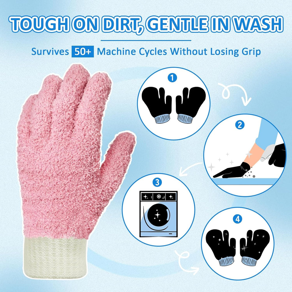 MIG4U Microfiber Dusting Gloves House Cleaning Glove for Blinds, Windows, Shutters, Furniture, and Car, Reusable Lint-Free Pink 2 Pairs S/M