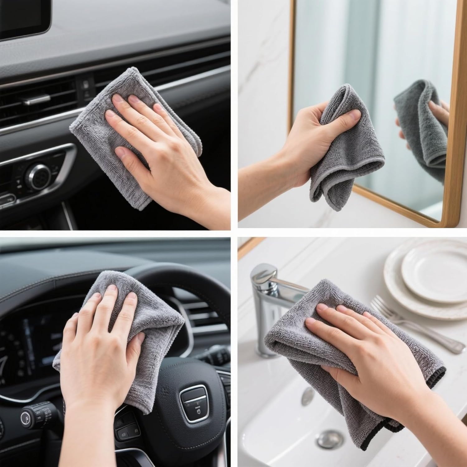 Microfiber Cleaning Cloths 100 Pack Microfiber Towels Hanging Bags 8.7x8.7 in, Lint Free, Streak Free, Absorbent, Reusable, Washable, Scratch Free, for Kitchen, Car Detailing, Glass, Gray/Blue