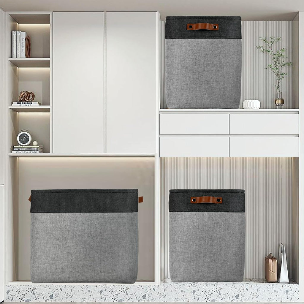DULLEMELO Grey Storage Baskets for Organizing 3 Pack Fabric Shelf Baskets for Gifts Empty Large Storage Organizer for Closet,Clothes,Toys,Bedroom (Black&Grey)
