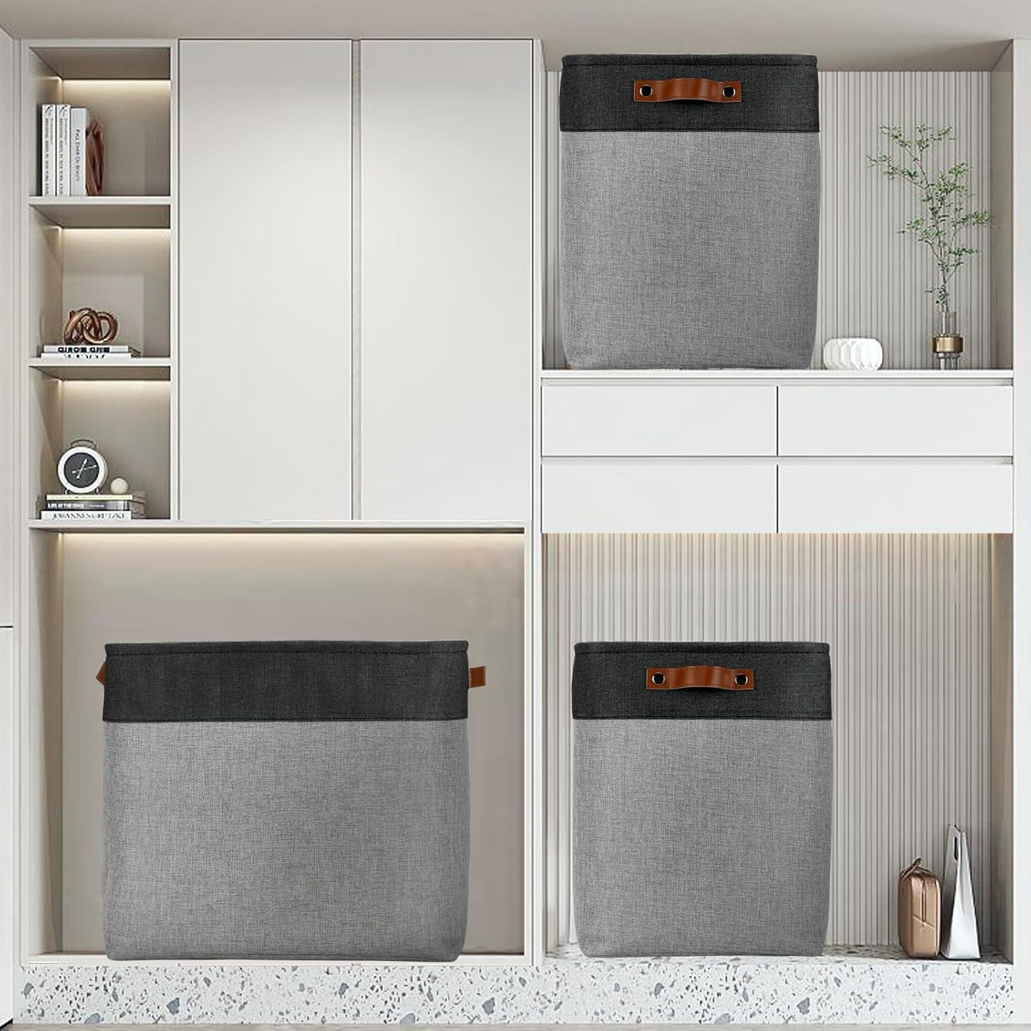 DULLEMELO Grey Storage Baskets for Organizing 3 Pack Fabric Shelf Baskets for Gifts Empty Large Storage Organizer for Closet,Clothes,Toys,Bedroom (Black&Grey)