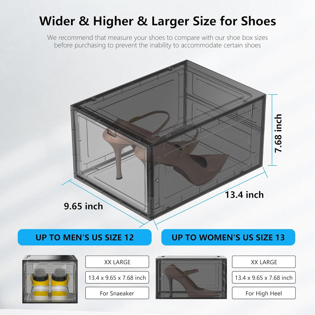 12 Pack Hard Sturdy Thickened Rigid XX Large Shoe Storage Organizer for Closet, Clear Stackable Sneaker Shoe Boxes Rack Containers Display Case Bins with Lids, Grey