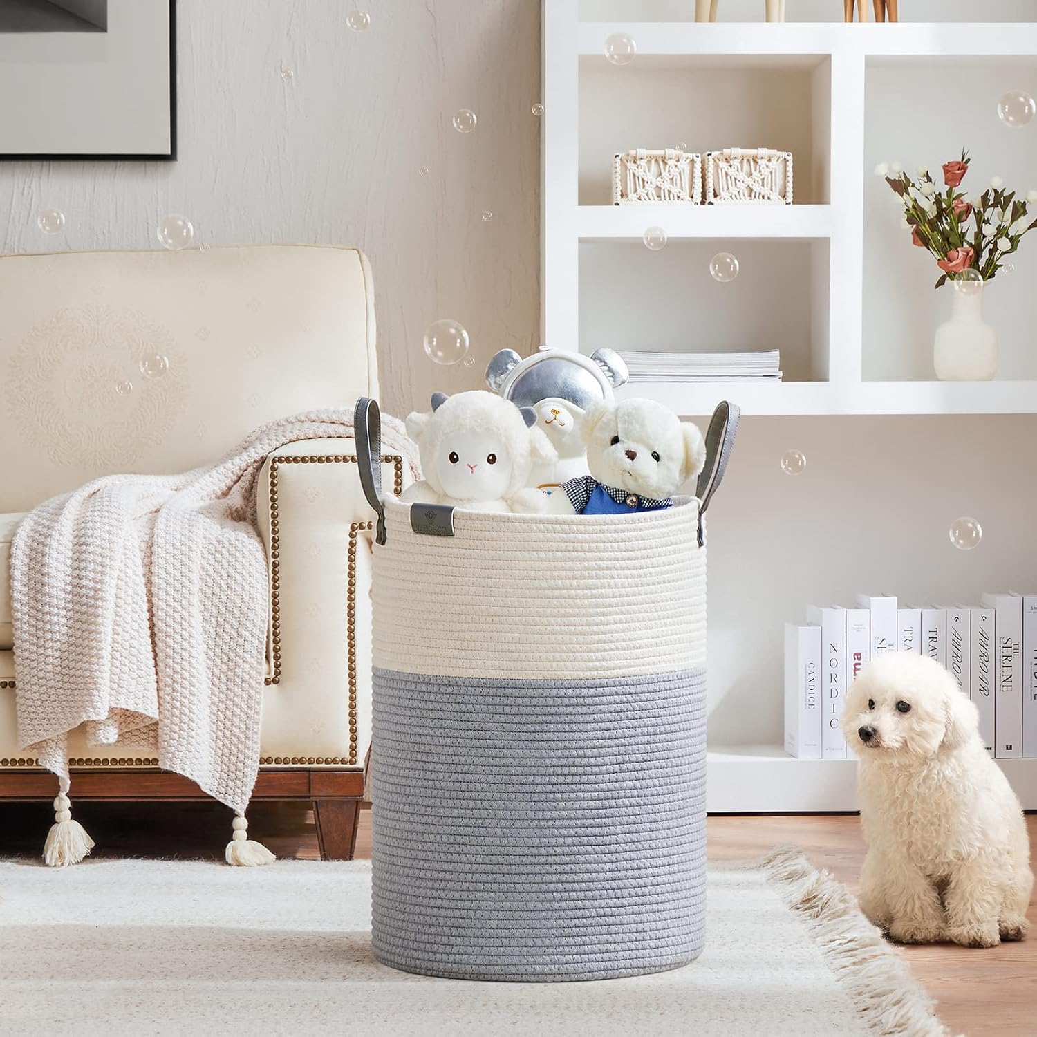 VIPOSCO Tall Laundry Basket, Large Dirty Clothes Hamper with Leather Handle, Woven Rope Storage Basket for Blanket, Toy In Living Room, Bathroom, Bedroom - 72L Grey & White