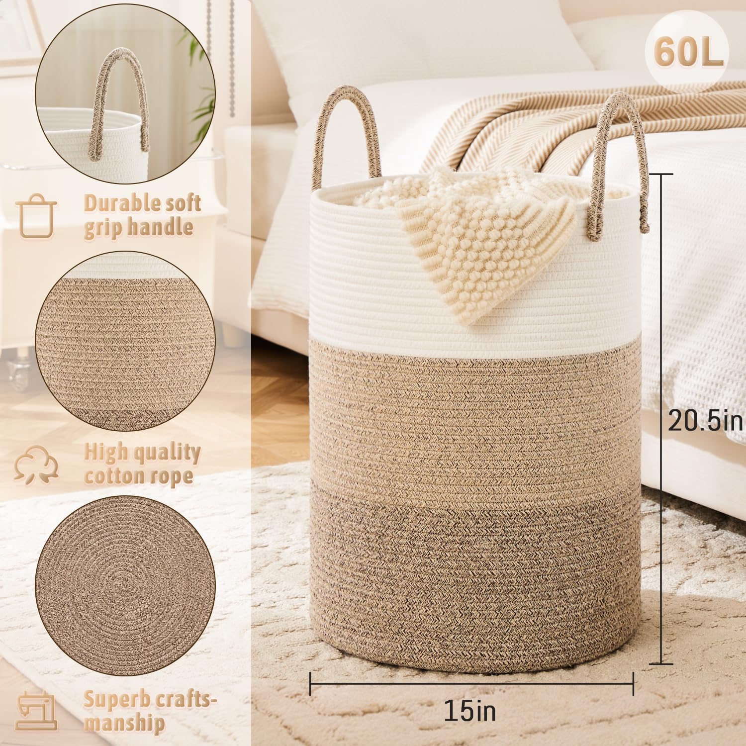 Laundry Basket,Woven Cotton Rope Laundry Hamper,60L for Decorative Storage of Dirty Clothes,Toys and Blankets in Bathroom,Bedroom and Living Room