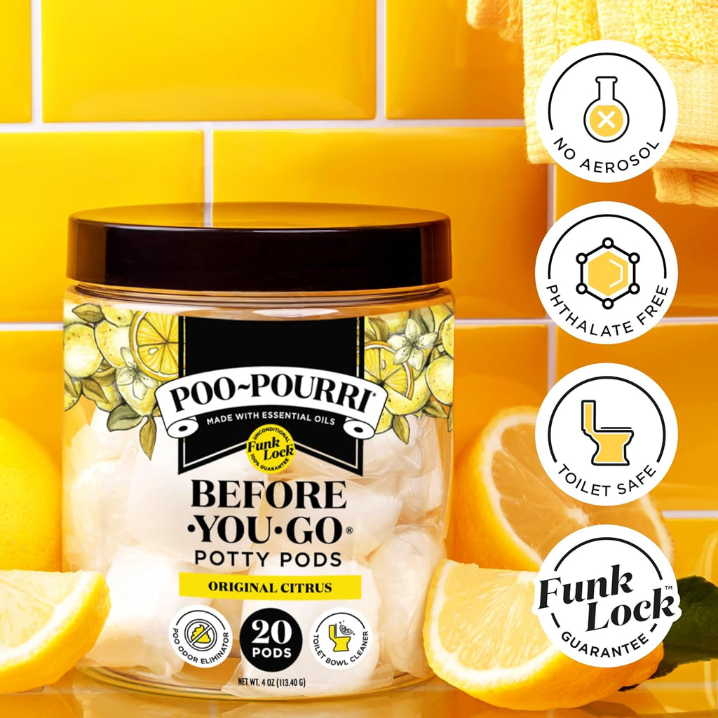 Poo-Pourri Before-You-Go 2-in-1 Toilet Potty Pods, Original Citrus, 20 Ct, Bathroom Odor Deodorizer and Toilet Cleaner with Essential Oils, Lemon, Bergamot and Lemongrass Scent