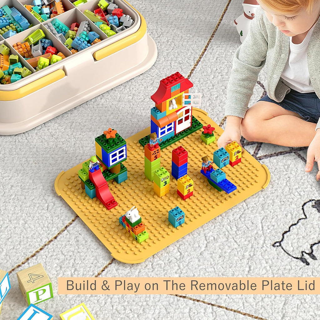 Toy Storage Organizer Box with Handle, Stackable Building Block Toy Box with Building Plate Lid & Removable Sorting Trays, Cubby Bins and Containers 2 Layer (Lemon)