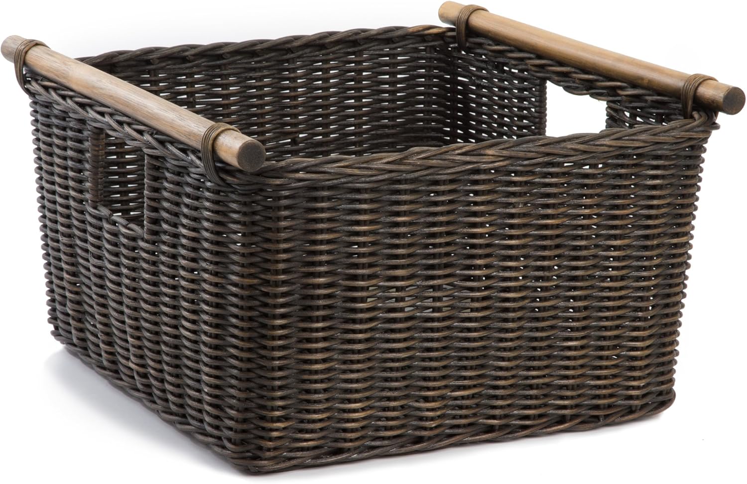 The Basket Lady Deep Pole Handle Wicker Storage Basket, Large, 15 in L x 15.5 in W x 9.5 in H, Antique Walnut Brown