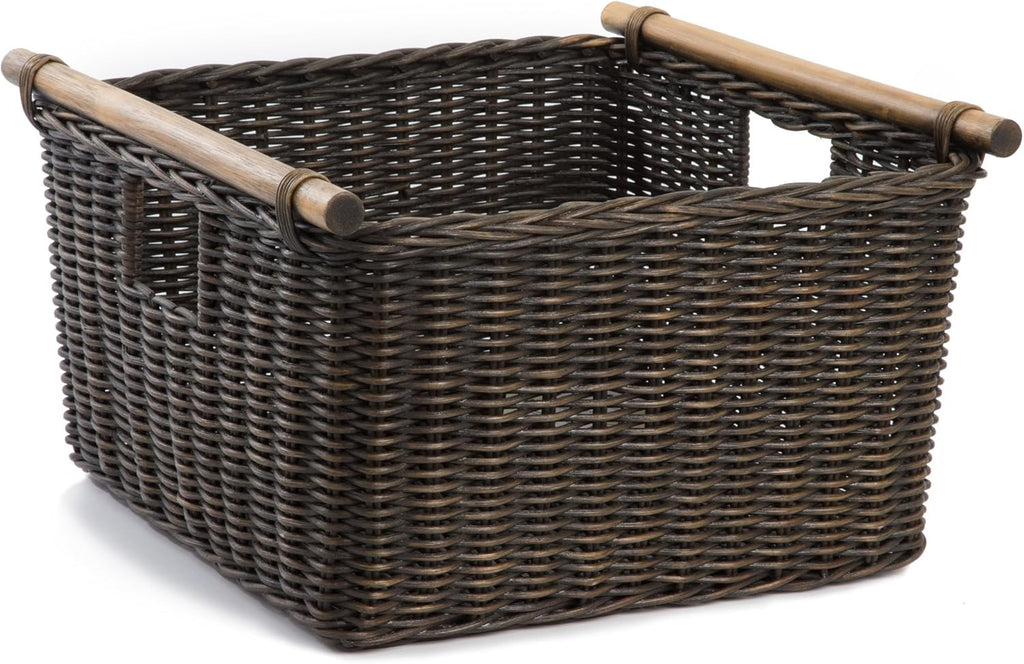 The Basket Lady Deep Pole Handle Wicker Storage Basket, Small, 11.5 in L x 11.5 in W x 8 in H, Antique Walnut Brown