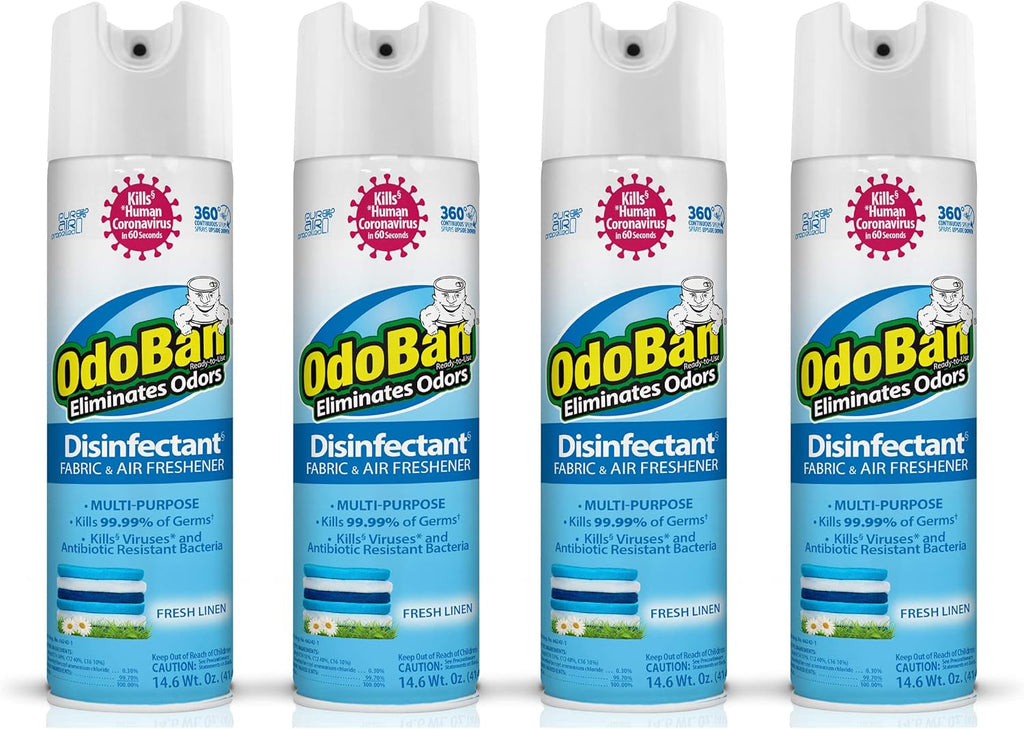 OdoBan Ready-to-Use 360-Degree Continuous Spray Disinfectant and Harsh Aroma Eliminator, Fabric and Air Freshener, 4 Pack, 14.6 Ounces Each, Fresh Linen Scent