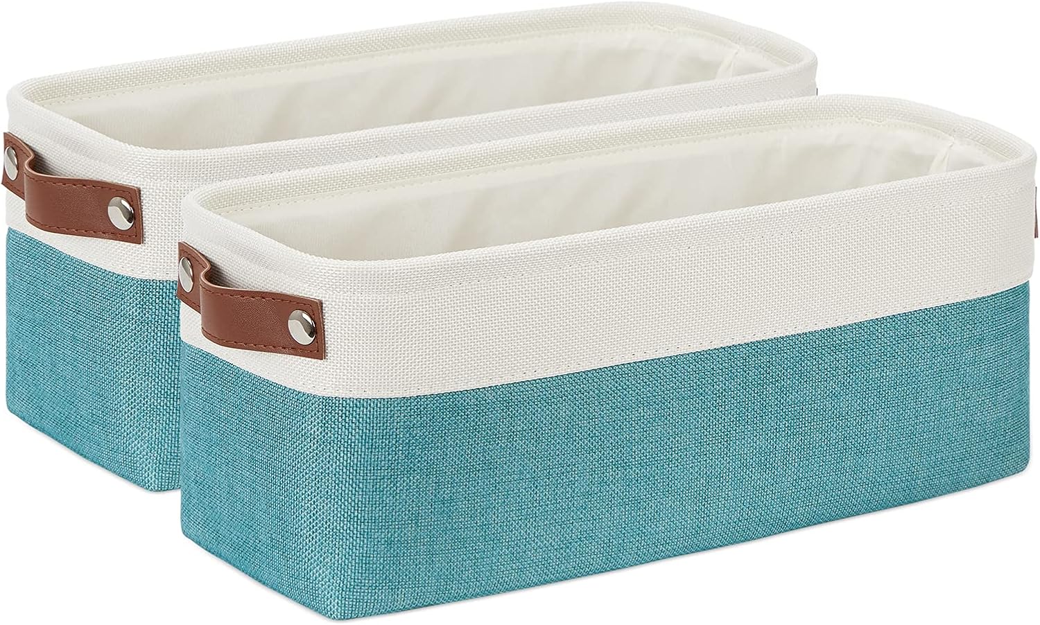 DULLEMELO Small Bathroom Closet Storage Baskets Canvas Fabric Storage Bins for Toilet 2 Pack Collapsible Home Organizer With Handles (White&Teal)