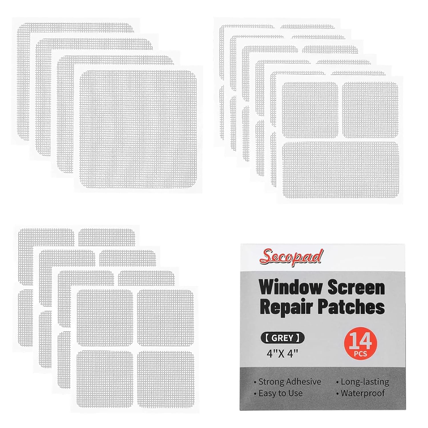 14 Sheets Window Screen Patches Repair Kit, Grey/Black 3 Sizes Window Screen Repair Kit for Mesh Screen Door, Strong Adhesive Fiberglass Quick Screen Repair Tape