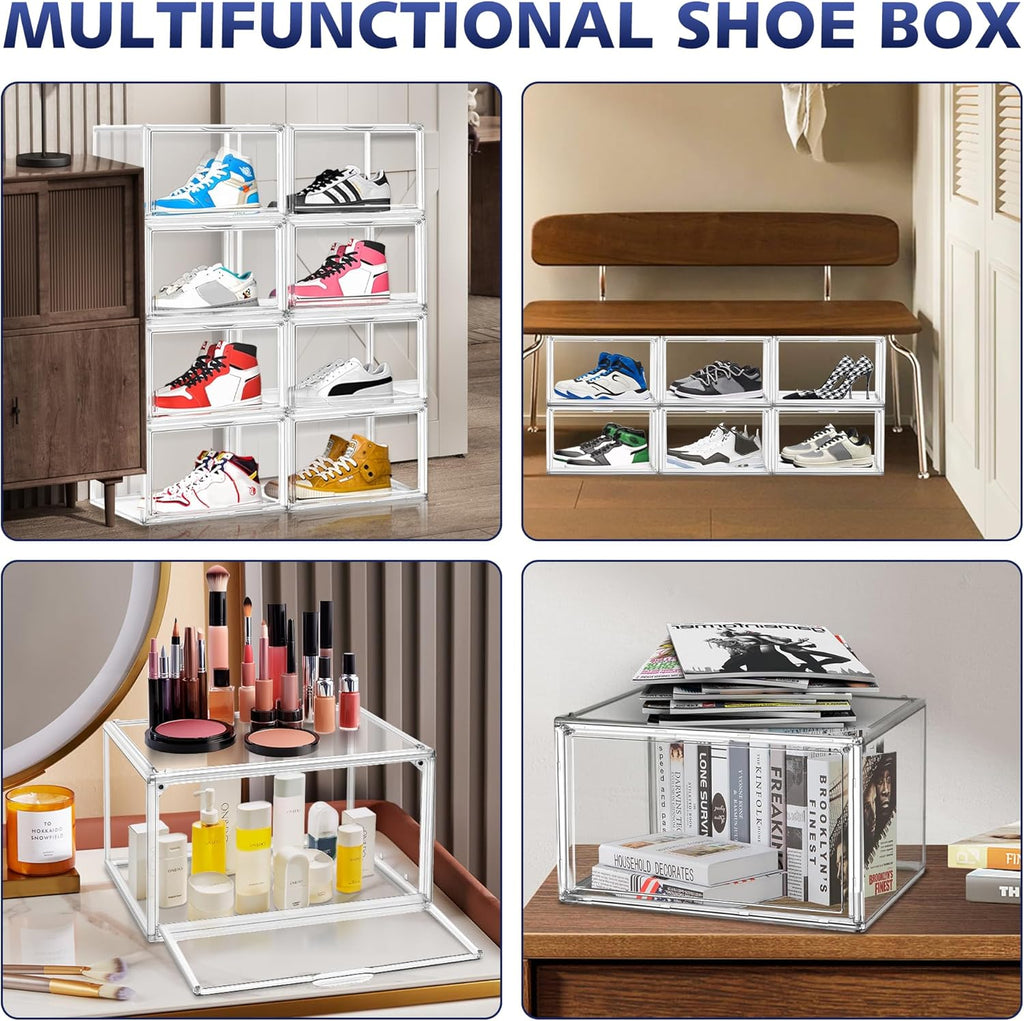12 Pack Shoe Organizer Clear Plastic Stackable Shoe Storage Boxes with Magnetic Lid Acrylic Display Case Shoe Sneaker Rack for Closet,Fit up to US Size 12